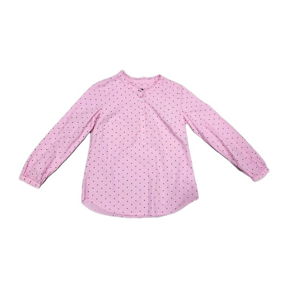 TALBOTS Pink Black Polka Dot 100% Cotton Ruffle Neck 1/2 Button Blouse Medium - Picture 4 of 9